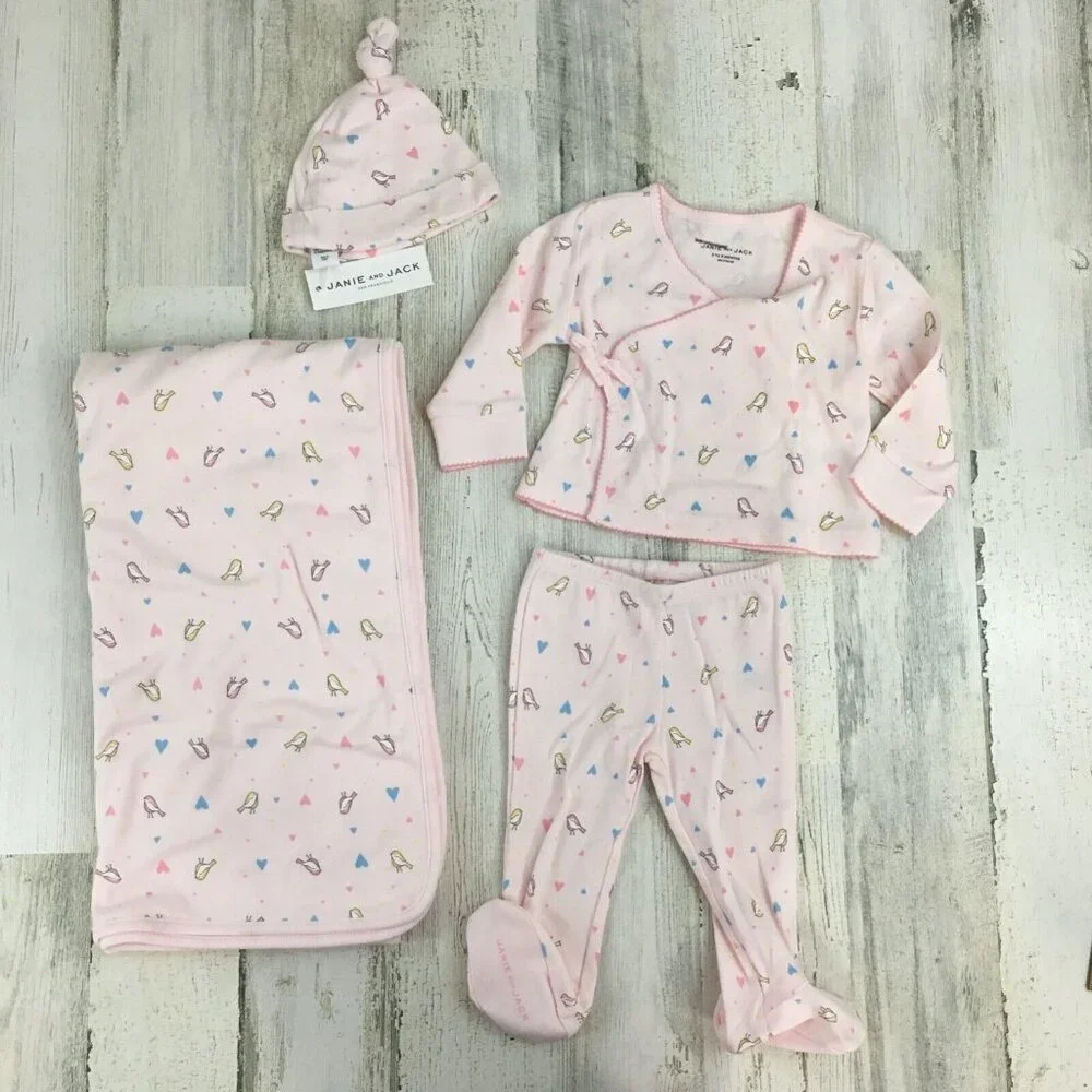 Janie and Jack Pink Bird Print Baby Matching Set